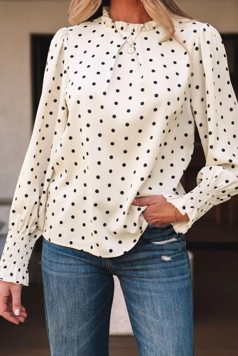 Apricot Polka Dot Print Frilled Collar Lantern Sleeve Blouse - Love Salve